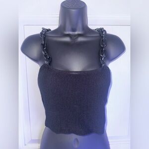 Maniere de Voir - Black Chain Strap Ribbed Tank Top